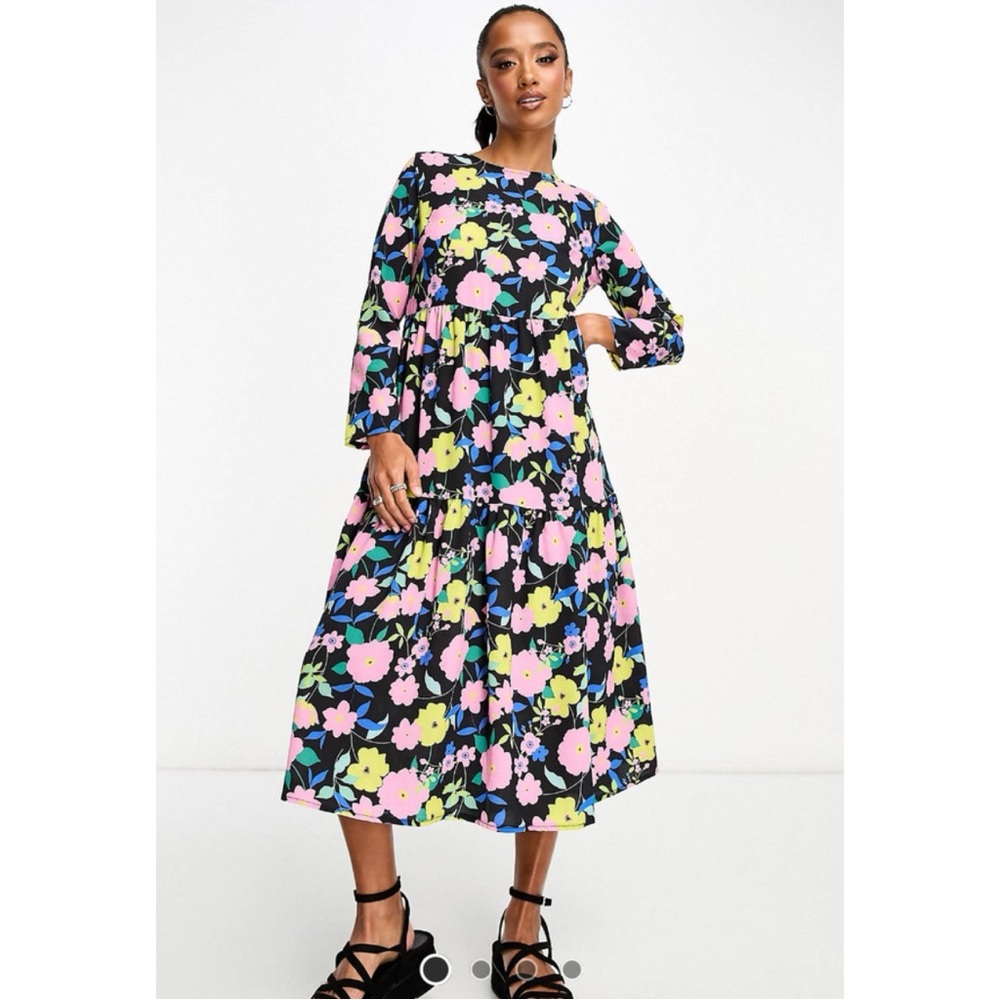 ASOS DESIGN Petite Long Sleeve Tiered Smock Midi Dress Large Floral Colorful
